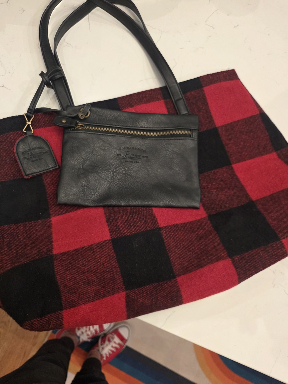 Bass Red and Black Buffalo Plaid Tote with Black Leather Pouch
